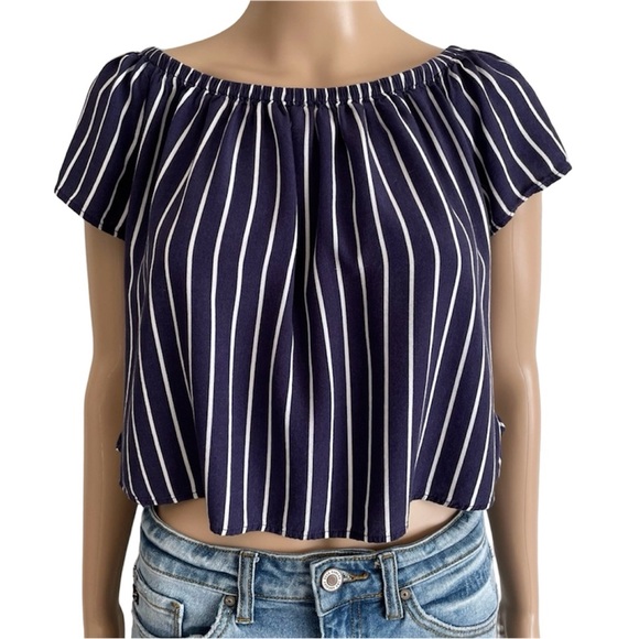 Divided Blue & White Striped Short Flutter Sleeve Cropped Blouse Top - Picture 1 of 7